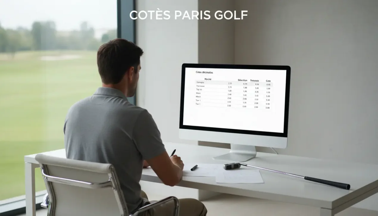 Cotes de paris golf : gros plan sur un écran de cotes décimales avec un parcours de golf en arrière-plan
