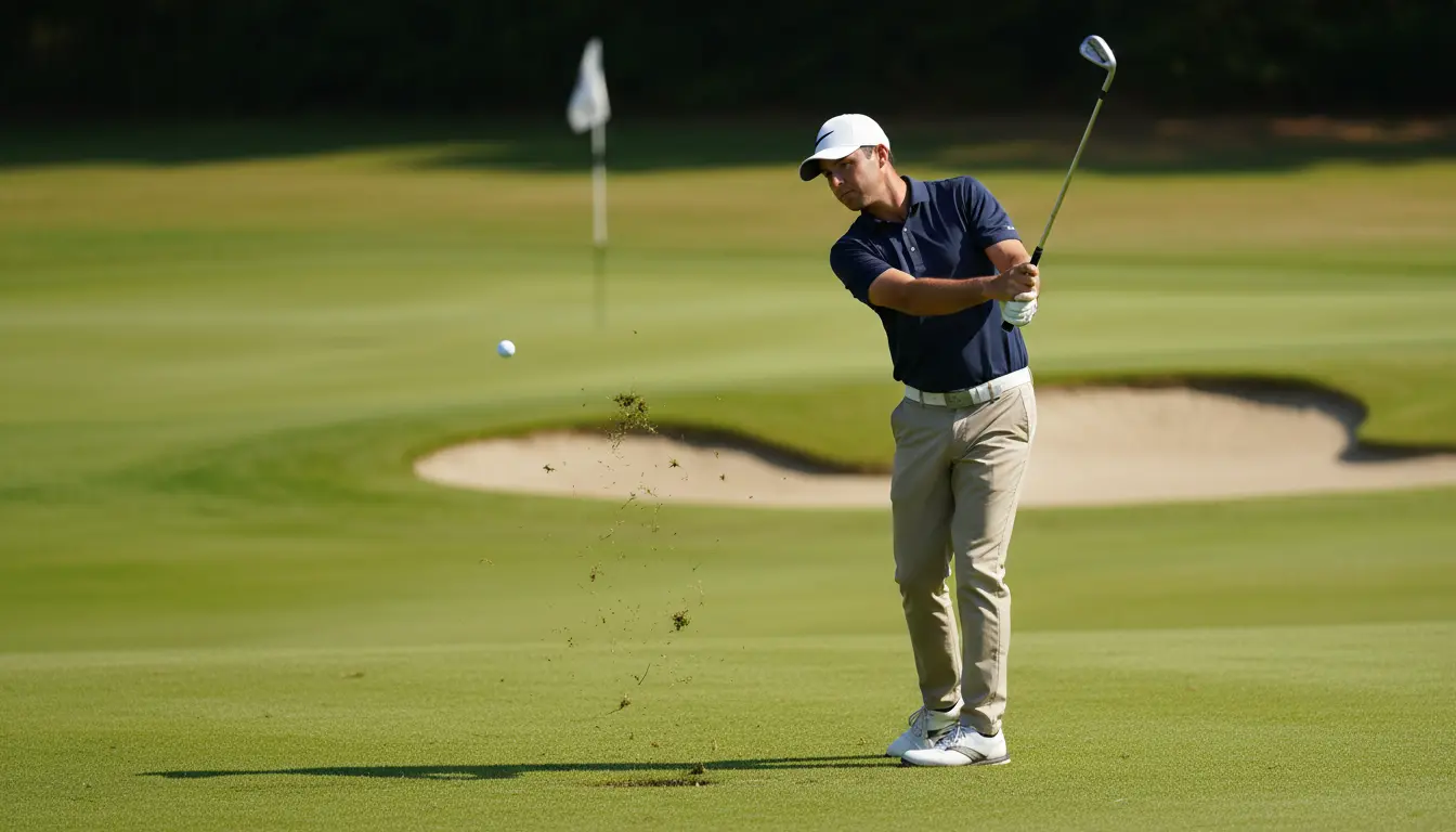 Golfeur professionnel exécutant un coup d'approche vers le green lors d'un tournoi