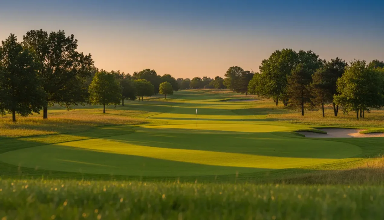 Fairway d'un parcours de golf professionnel baigné par la lumière du soir