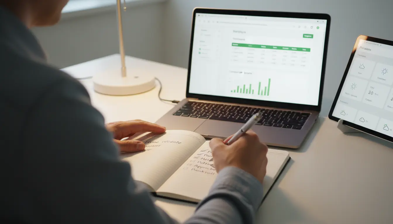 Parieur préparant son analyse pré-tournoi avec un carnet de notes et un écran affichant les statistiques golf