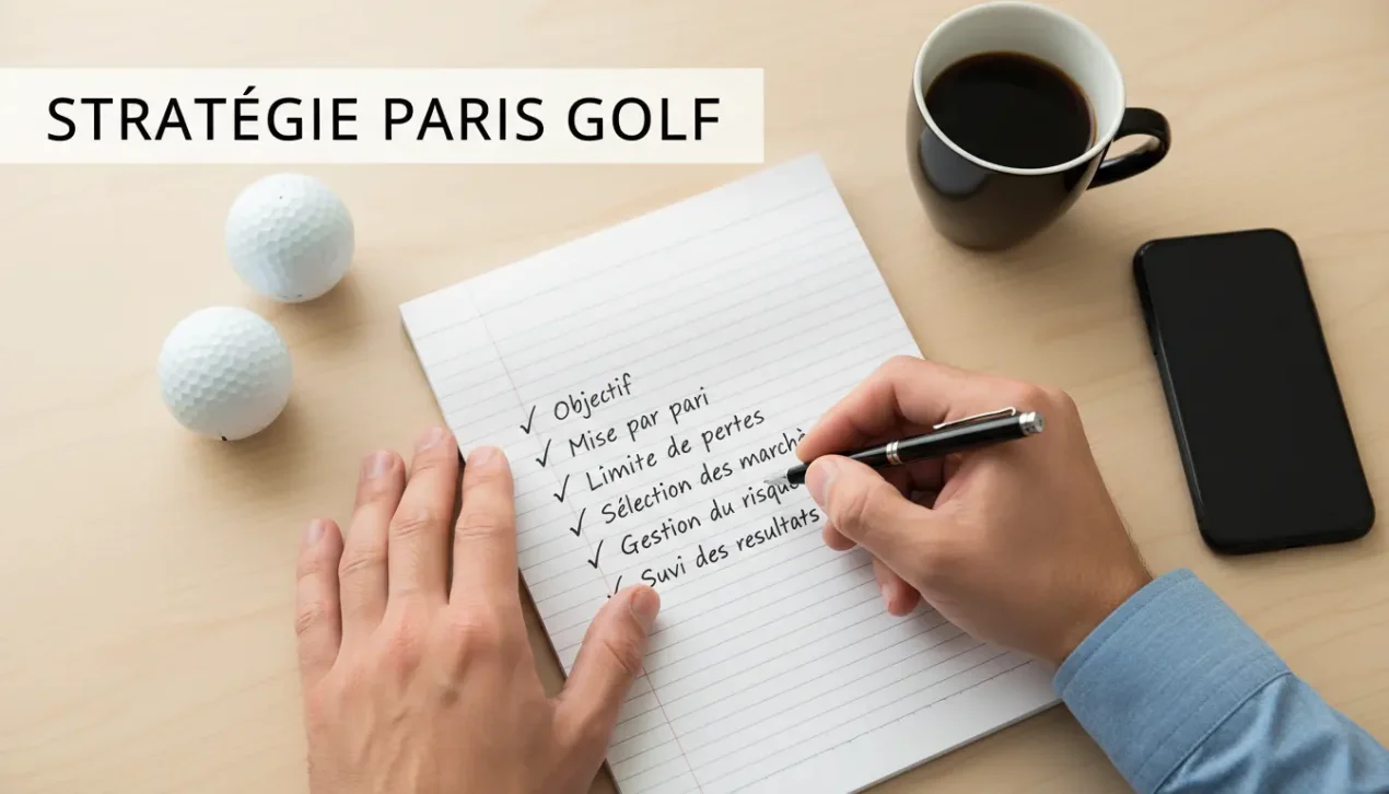 Stratégie de paris golf : parieur concentré analysant des notes devant un parcours de golf
