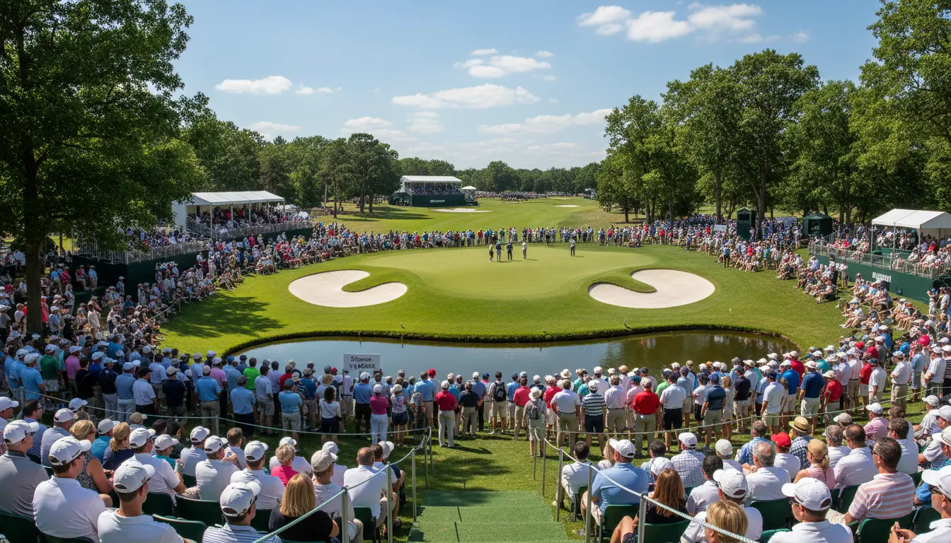 Tribune de spectateurs suivant un tournoi majeur de golf avec vue sur le fairway et les greens