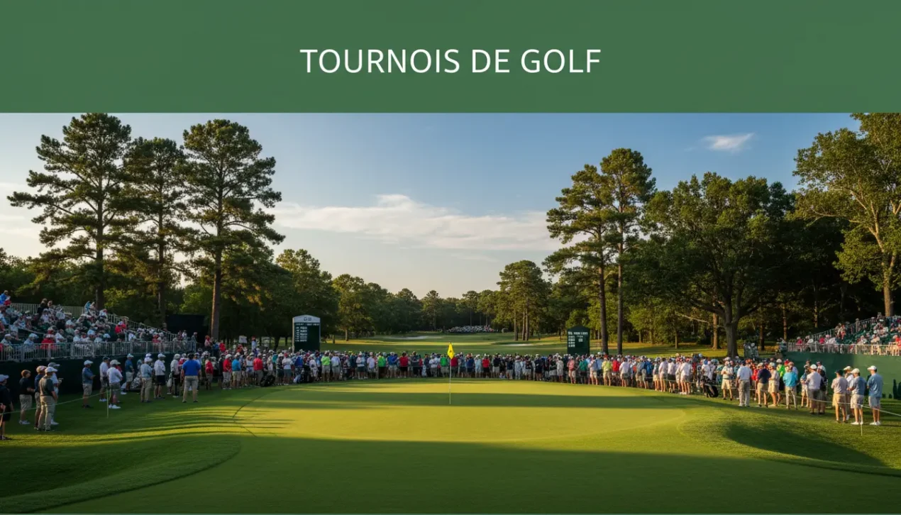 Tournois de golf pour parier : vue panoramique d'un parcours de Majeur avec tribunes et drapeaux